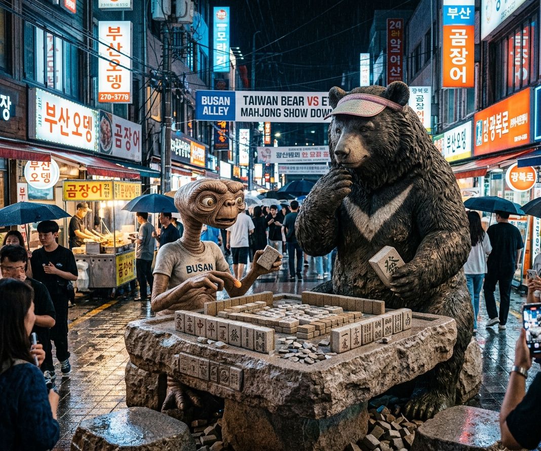 台灣熊愛打麻將,台灣黑熊打麻將,韓國釜山有台灣黑熊出沒,台灣國粹成功進軍外太空,台灣黑熊在韓國釜山打麻將,星際ET與黑熊麻將交流,外星人也想碰碰胡,幽浮路過看熱鬧,黑熊與外星人在韓國釜山揪團打牌,釜山街頭驚現真熊掌摸牌神技,台灣國粹征服宇宙大作戰,釜山富平罐頭夜市深夜賭局